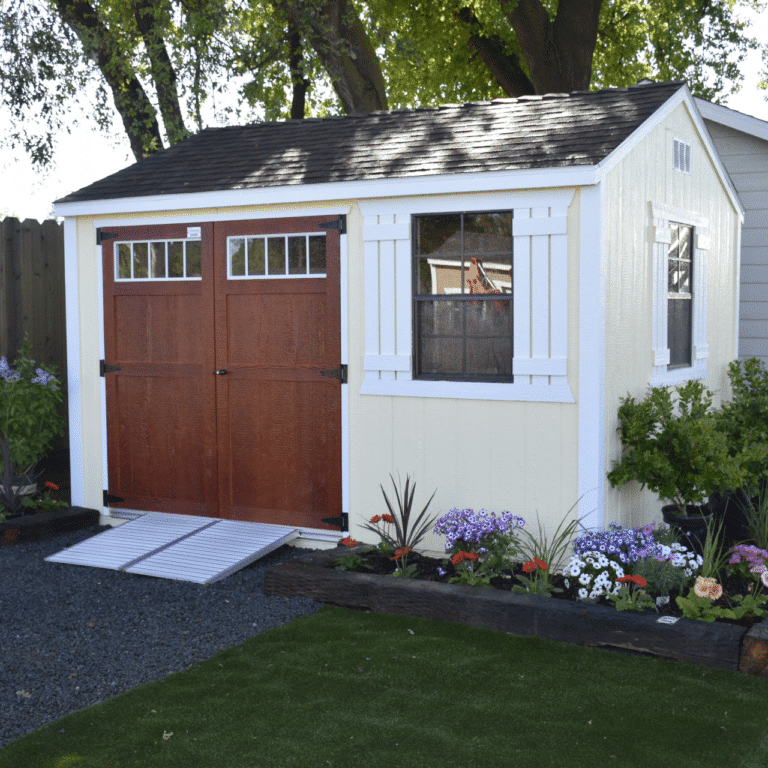 beige deluxe ranch tall shed with wooden double doors and window in dunlap ca