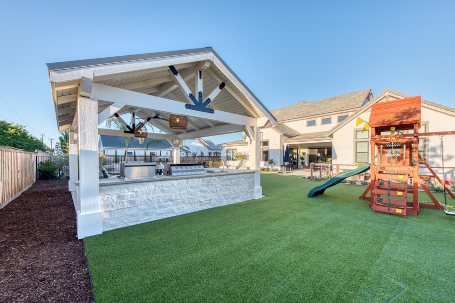 16x20 Timber Frame Pavilion and Patio by backyard playground