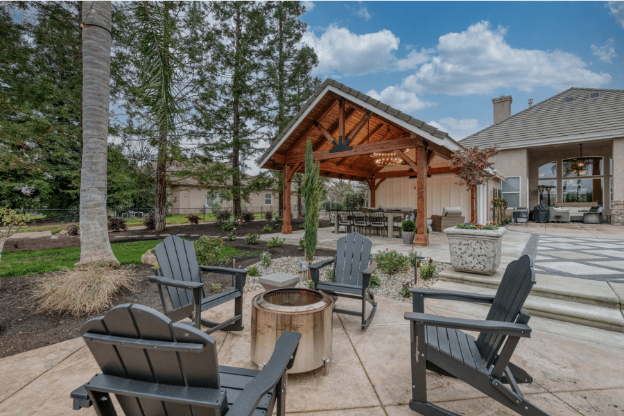 17x23 timber frame pavilion and concrete patio in Clovis, CA
