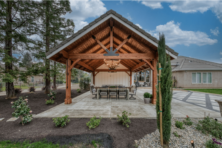 17x23 timber frame pavilion on concrete patio