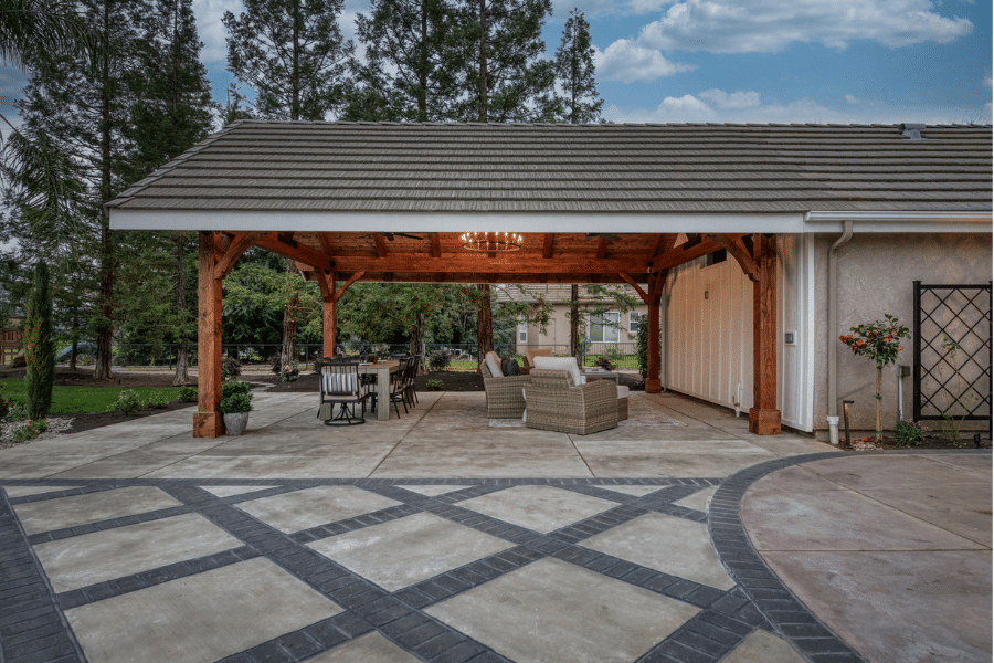 17x23 timber frame pavilion with custom gray tile roofing