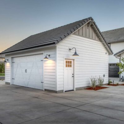 White finished garage and driveway