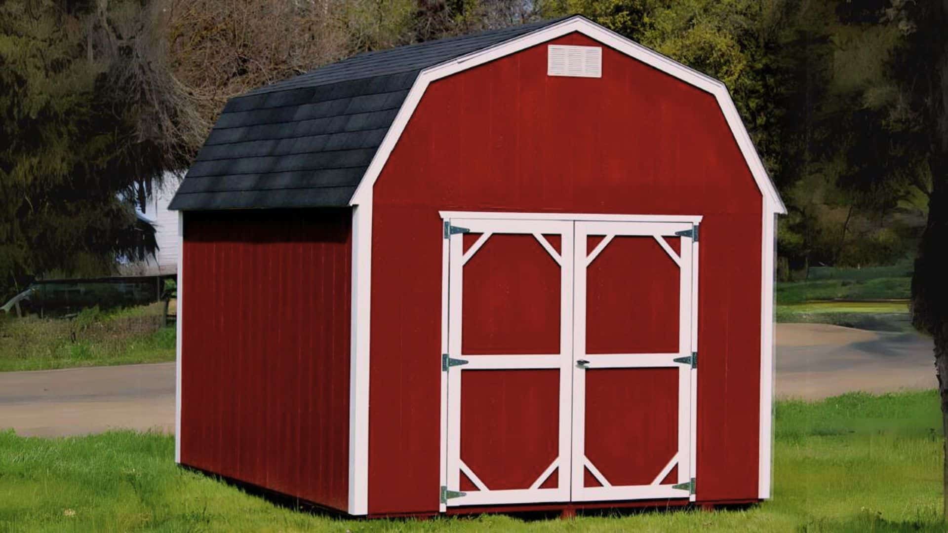 Red lofted barn shed barn tall shed in backyard