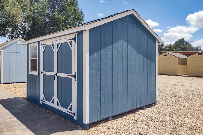 blue and white trimmed elite shed with double doors in California