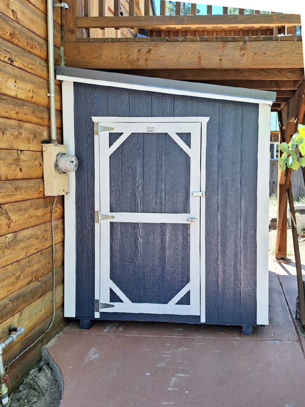 blue and white trimmed lean to storage buildings for sale near Madera CA