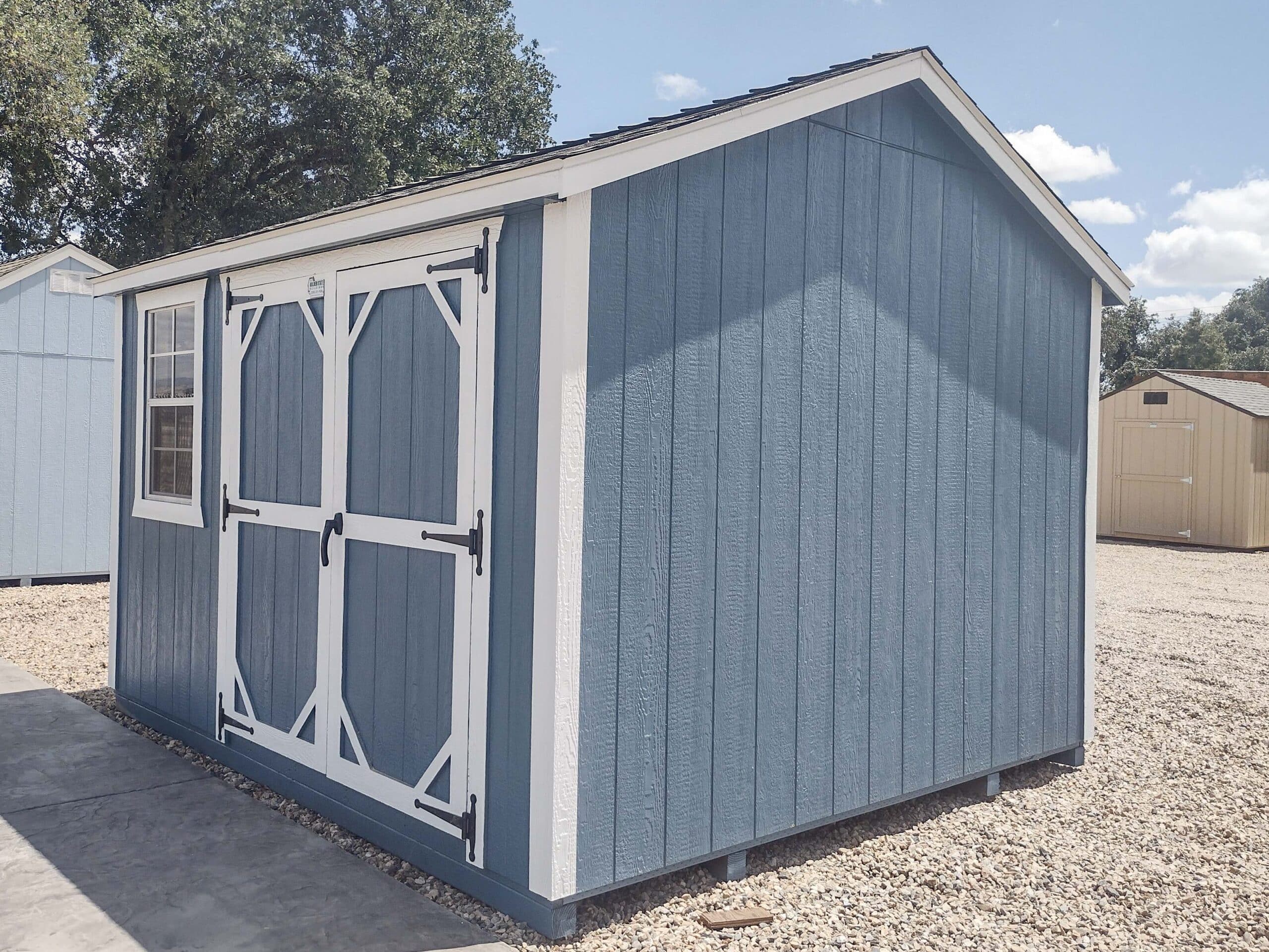 blue and white trimmed ranch elite shed