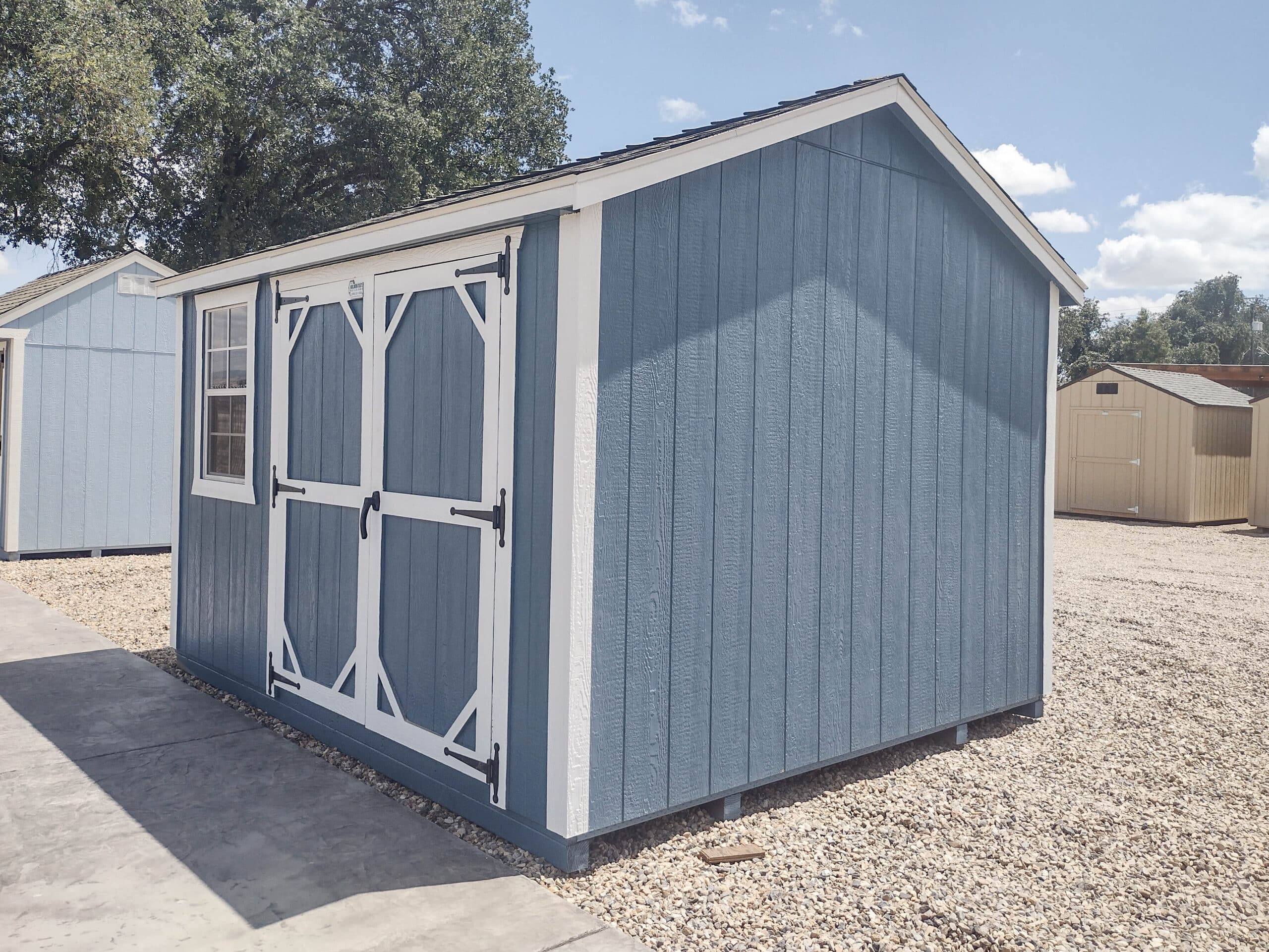 blue ranch elite shed with white trim
