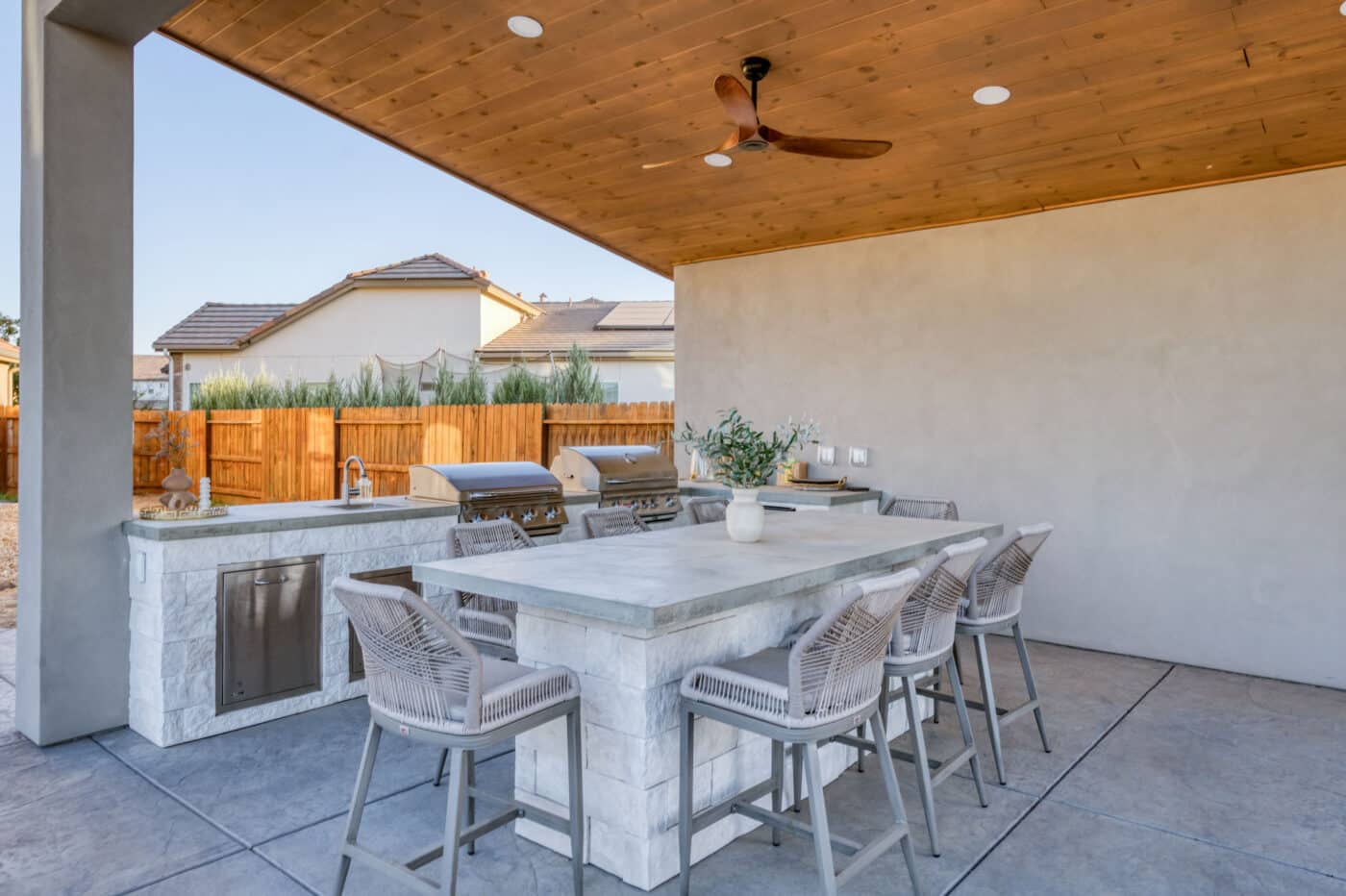 close up of grill counter and table underneath custom pavilions near Kerman CA