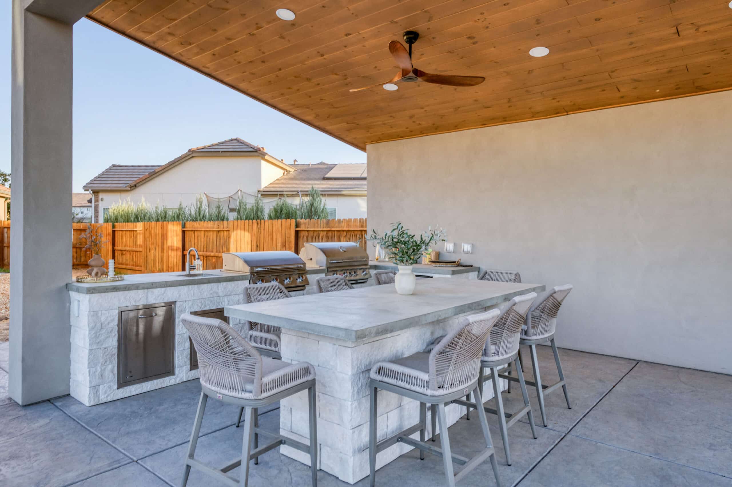 close up of grill counter and table underneath custom pavilions near Kerman CA