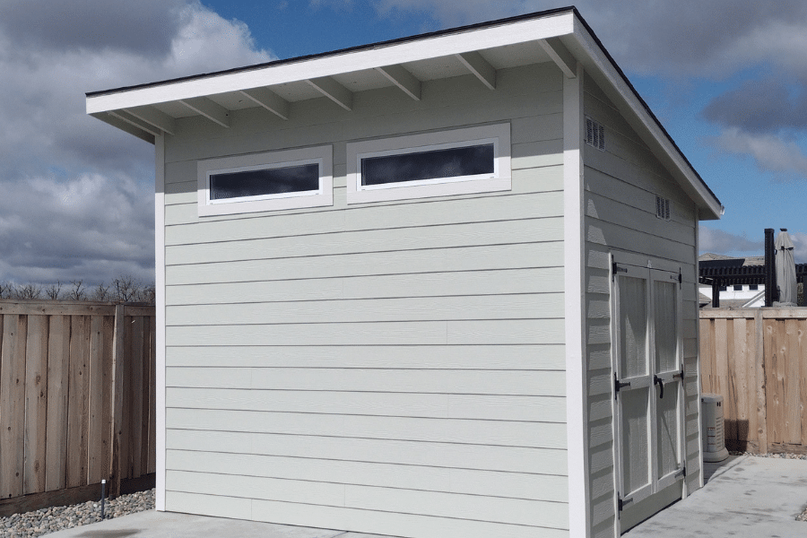 custom off-white lean-to shed by Golden State Buildings