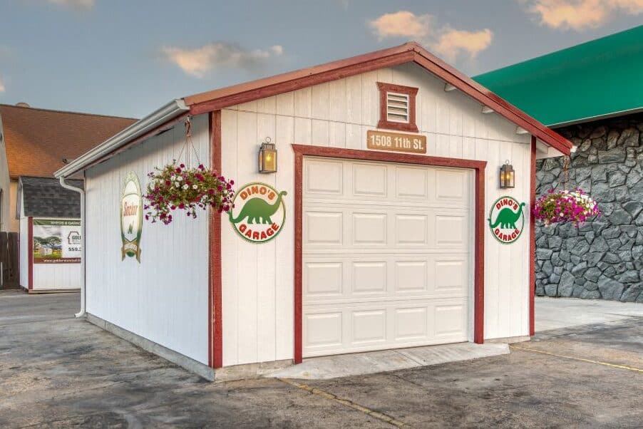 white custom one car commercial garages in Clovis CA with red trim