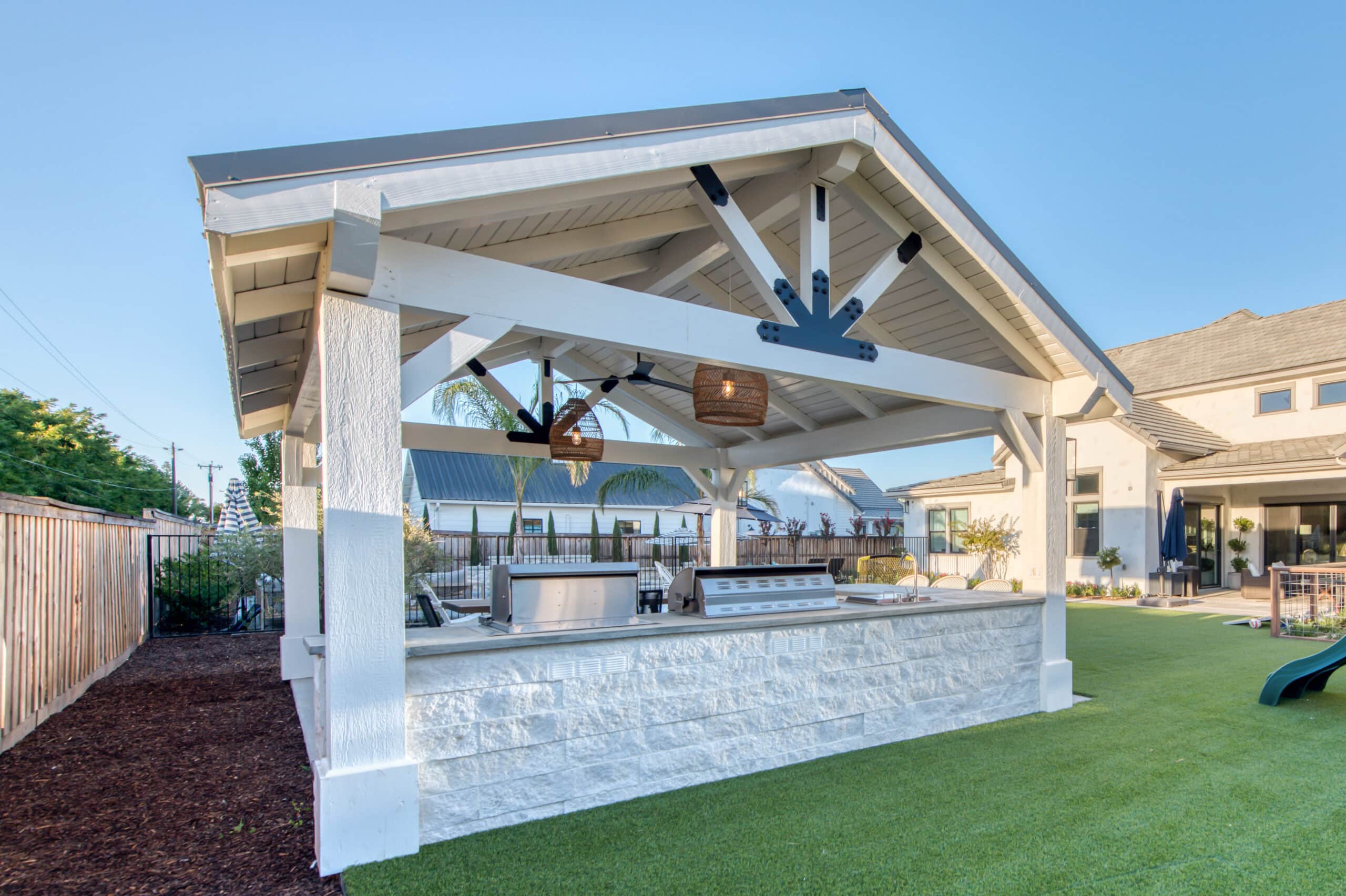 custom pavilions near Tulare CA with grilling set up lights and fans