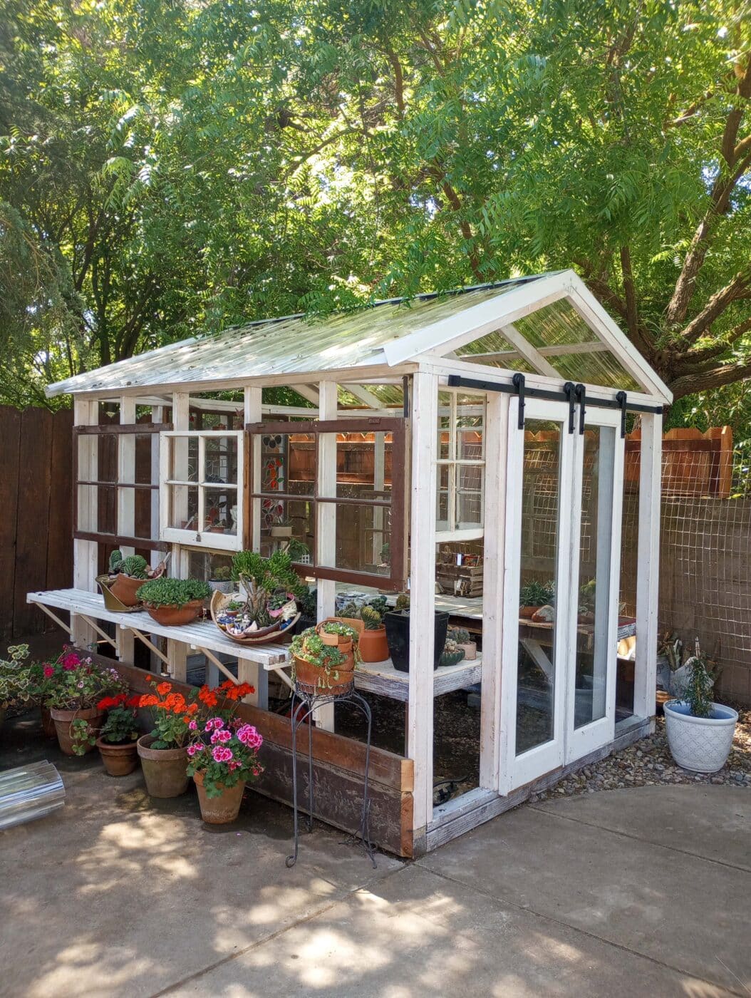 custom storage buildings for sale near Tulare CA as greenhouse with clear siding and white posts and multiple potted plants inside and out