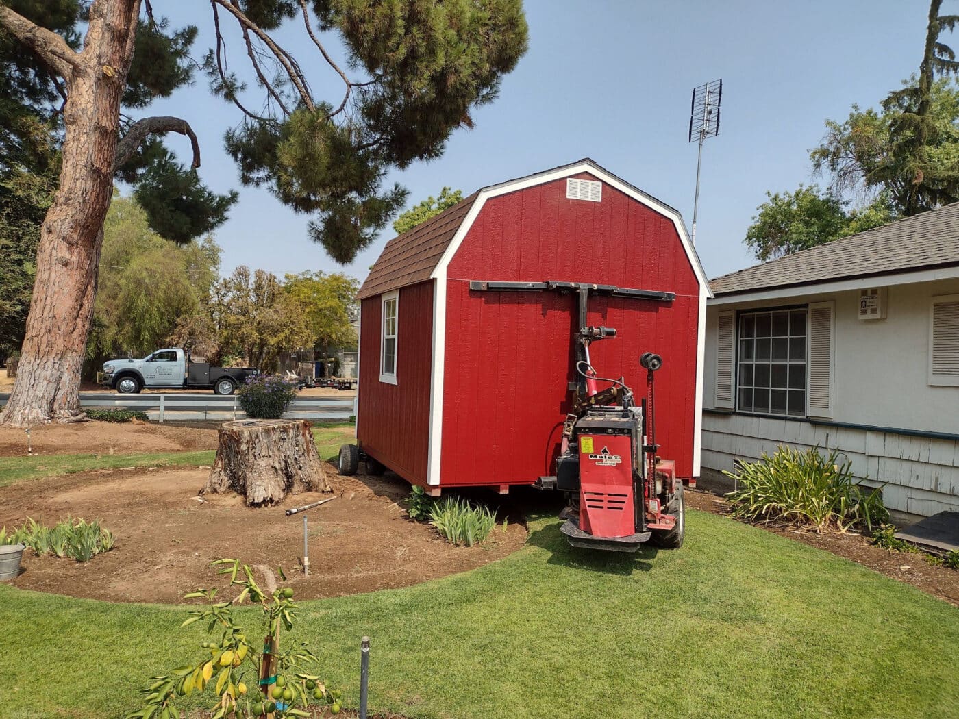 delivering a red barn shed to a property in Shaver Lake CA
