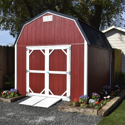 red deluxe barn tall shed with white trim and ramp in dunlap ca