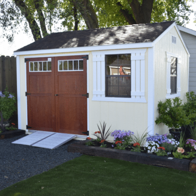beige deluxe ranch tall shed with wooden double doors and window in dunlap ca