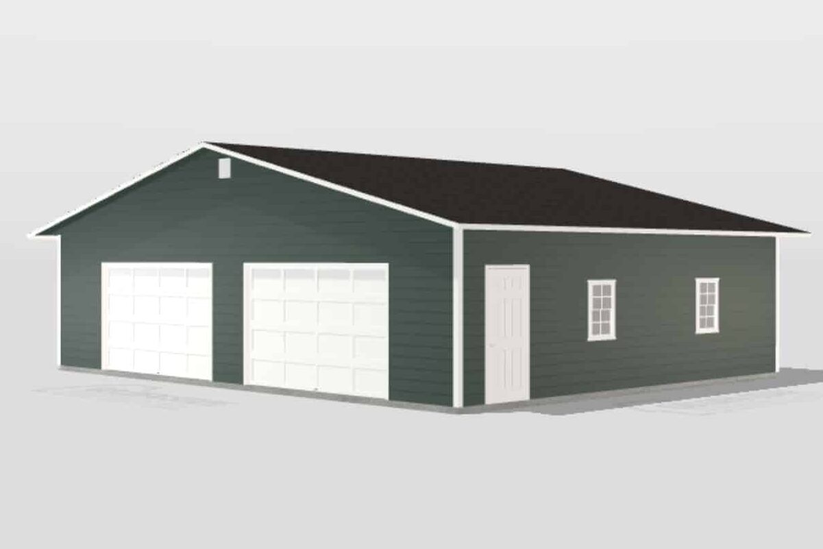 green two car garage with white doors and black roof designed in 3D