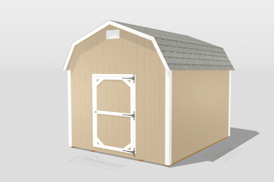 designing a tan barn shed with white trim and gray shingle roof in 3D