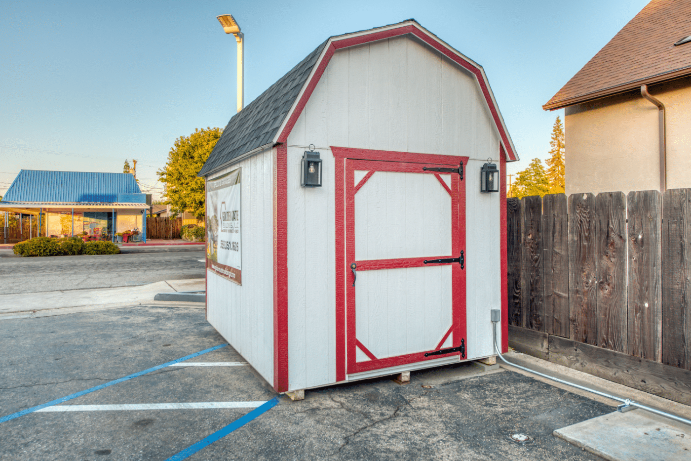 custom white elite shed with red trim in dunlap ca