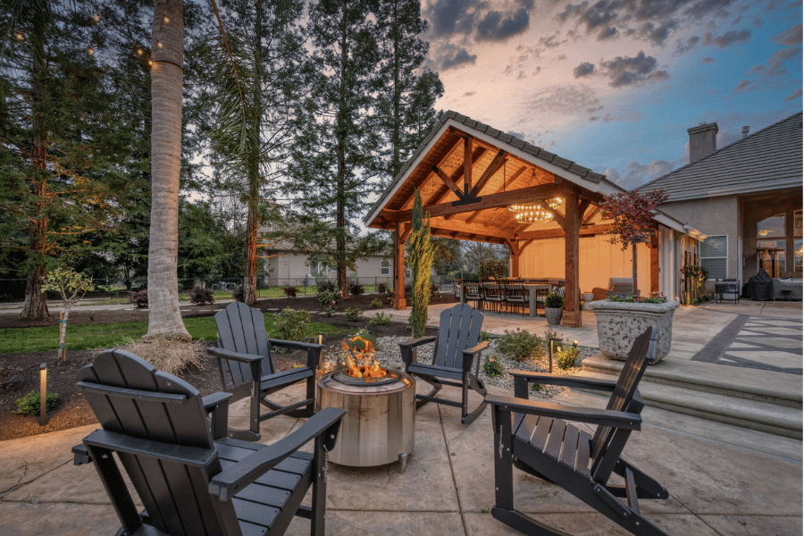 fire pit and patio and 17x23 timber frame pavilion in Clovis, CA