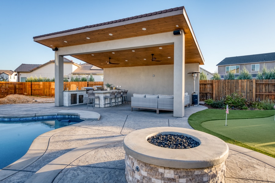 firepit by 20x26 poolside cabana in Central CA