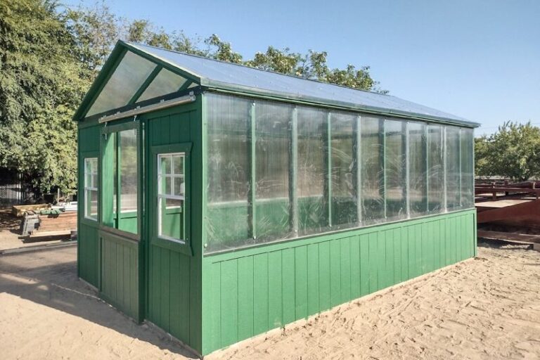 green and clear sided shed being used as greenhouse
