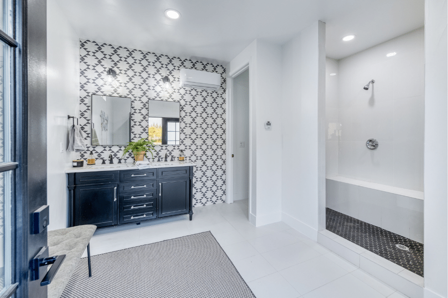 interior shot of cabana with shower bathroom and sink