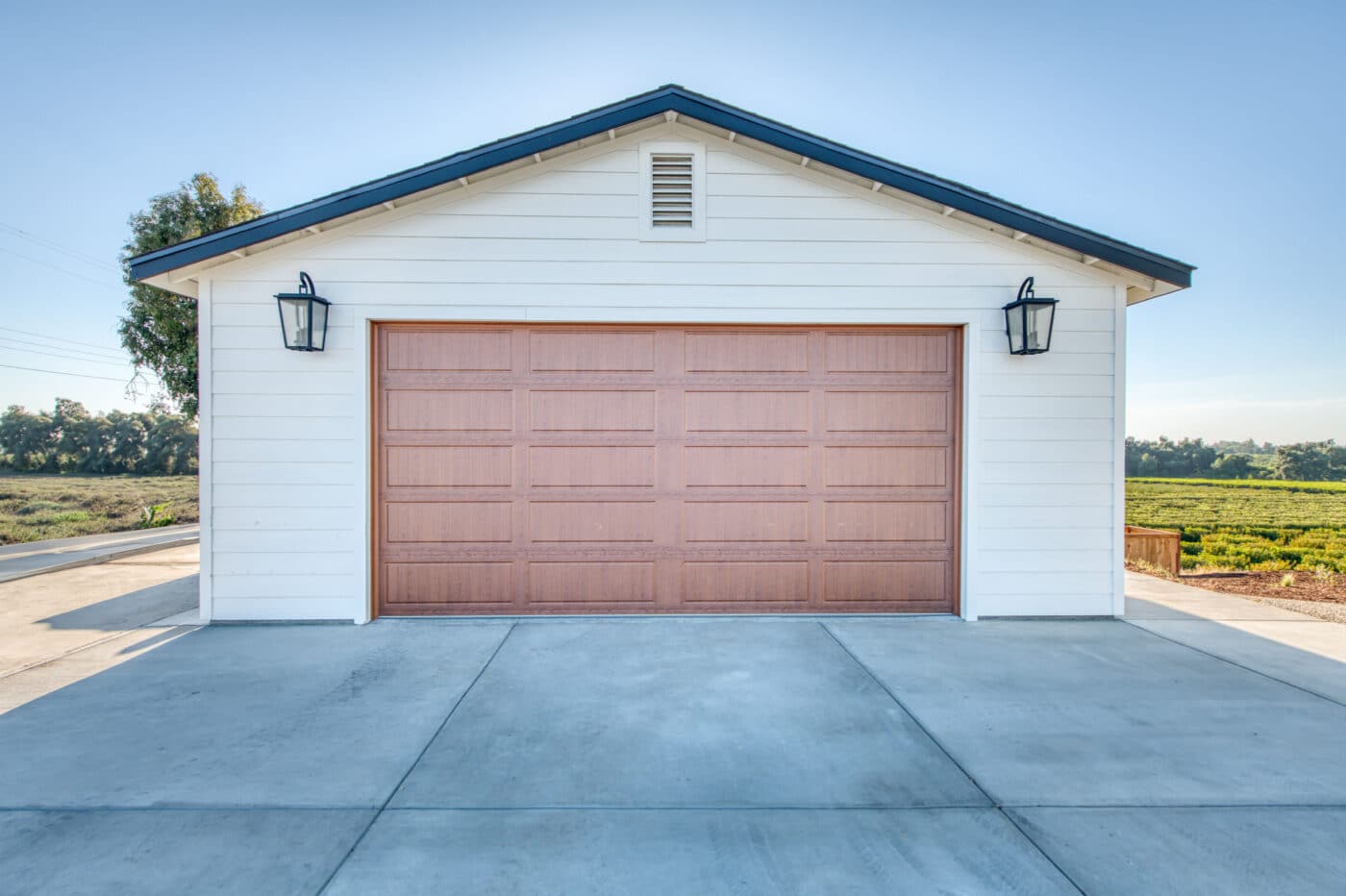 off white garage with red door