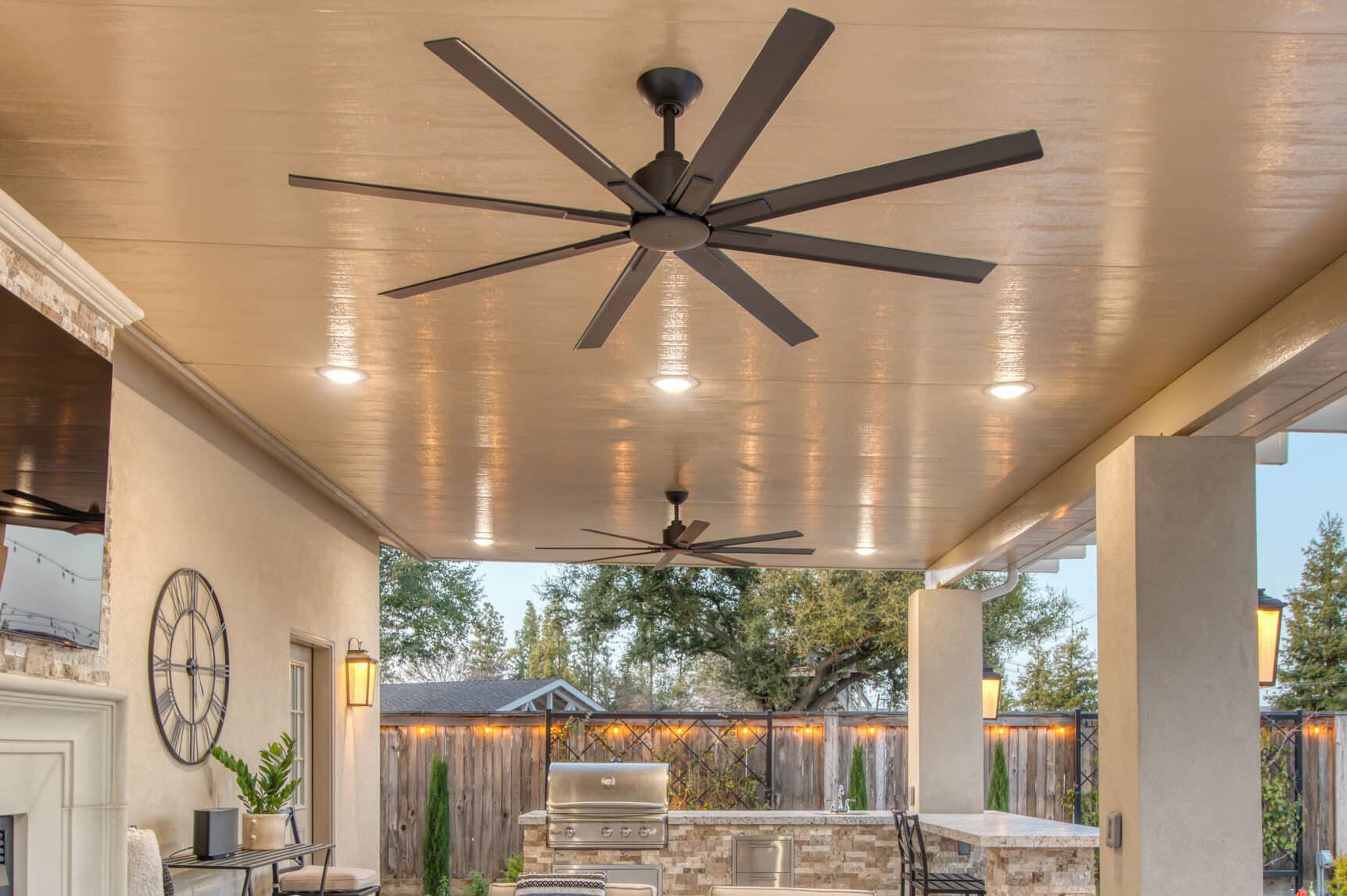 pavilions near Coarsegold CA with fan and lights on ceiling and TV and fireplace with seating area around it