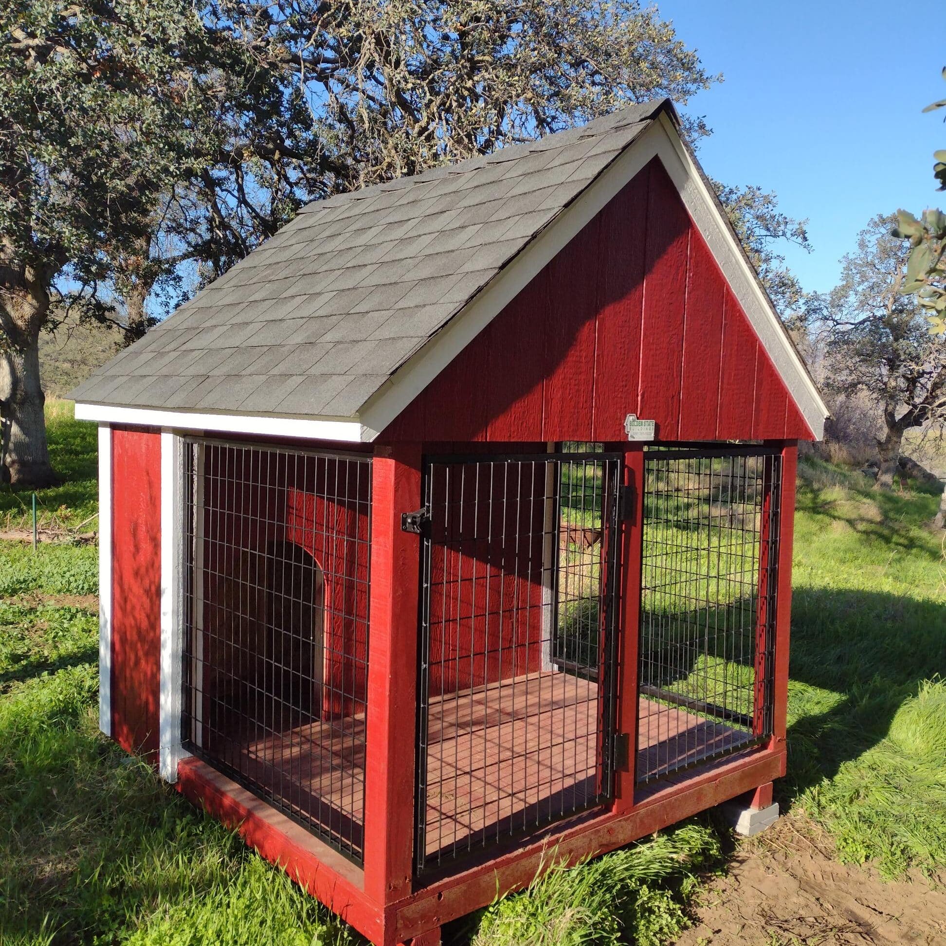 red 6x8 dog cabin with white trim and shingle roof