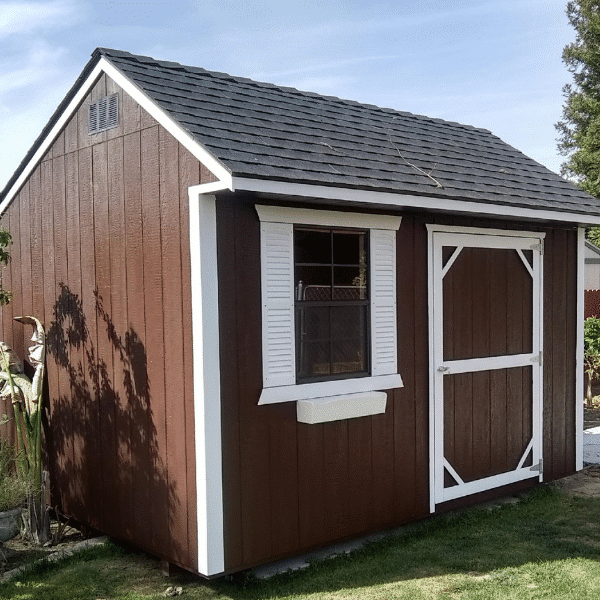 red and white trimmed garden shed