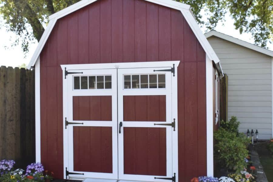 red barn elite shed with white trim in Fresno CA
