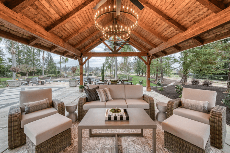 seating area and chandelier under 17x23 pavilion