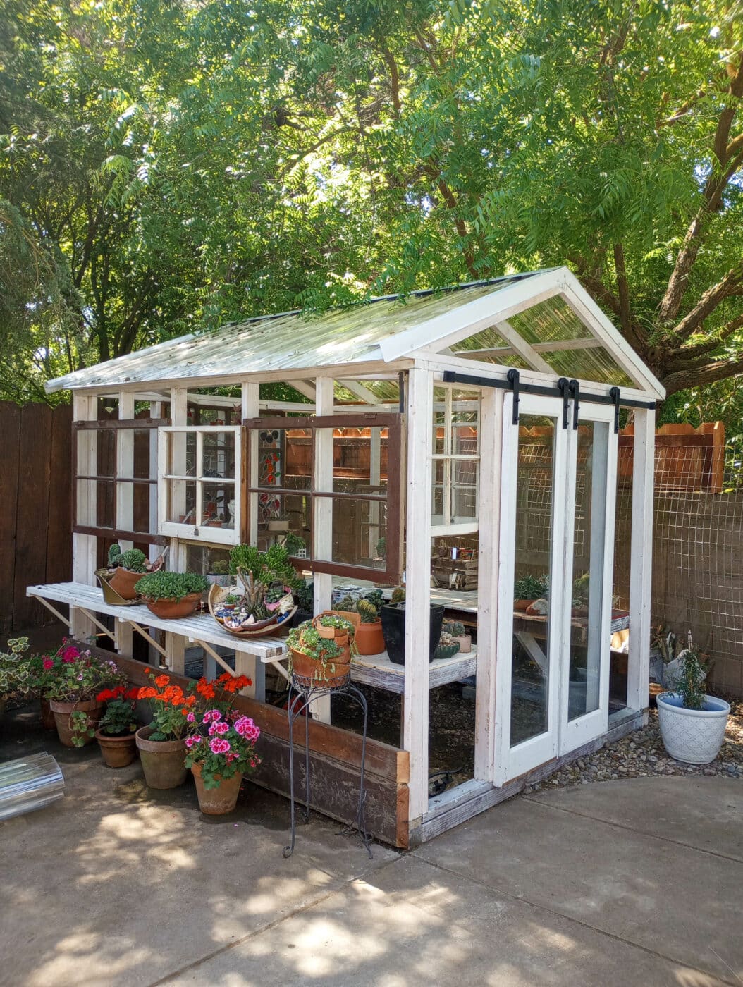 clear sided greenhouse custom garden sheds in Clovis CA with flower boxes and plants
