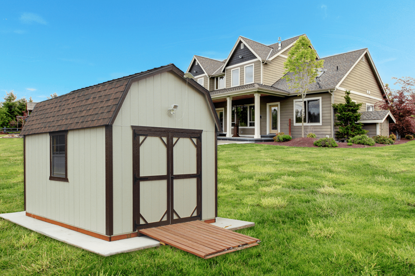 beige shed with brown siding and near a house in dunlap ca