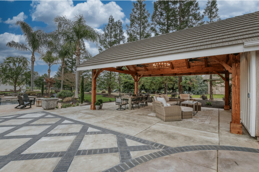 side view of 17x23 timber frame pavilion and patio in Clovis, CA