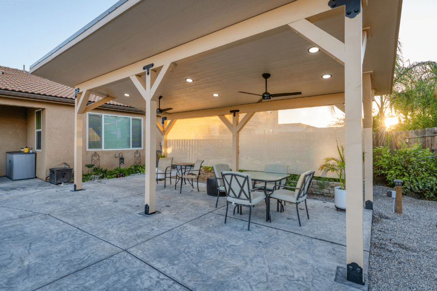 side view of pavilion with lighting fans and seating area in Squaw Valley CA