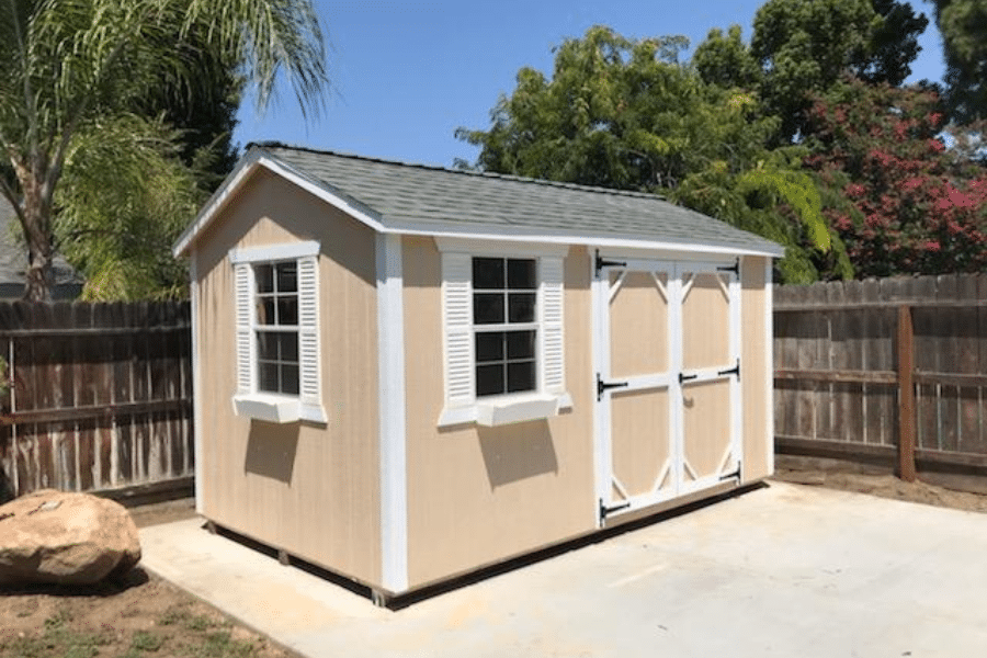 tan and white trimmed rent to own sheds near Exeter CA