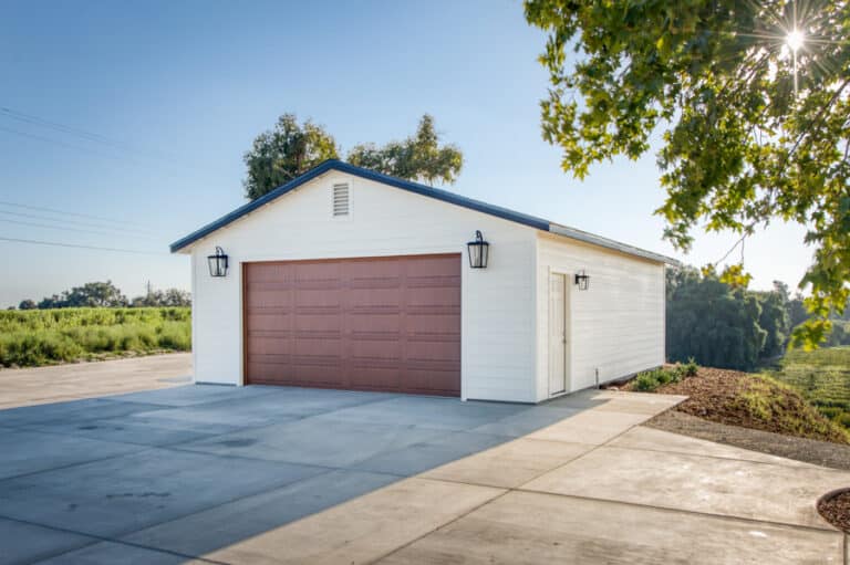 tan one car garages in California with red overhead door