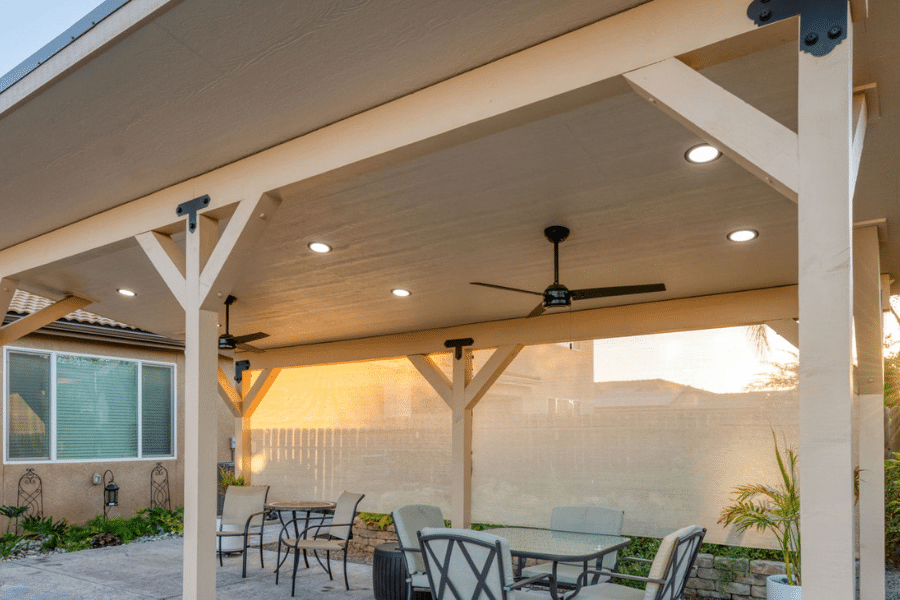 tan pavilion roofing with fans and lights built in