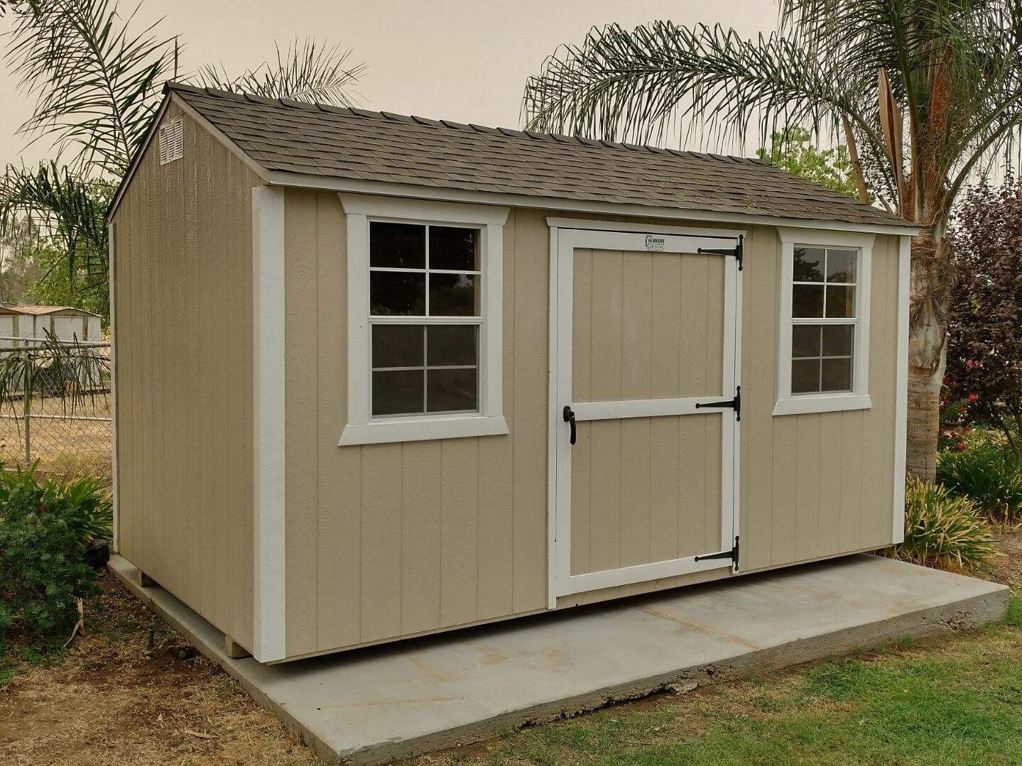 tan rancher sheds for sale near Madera CA with white trim