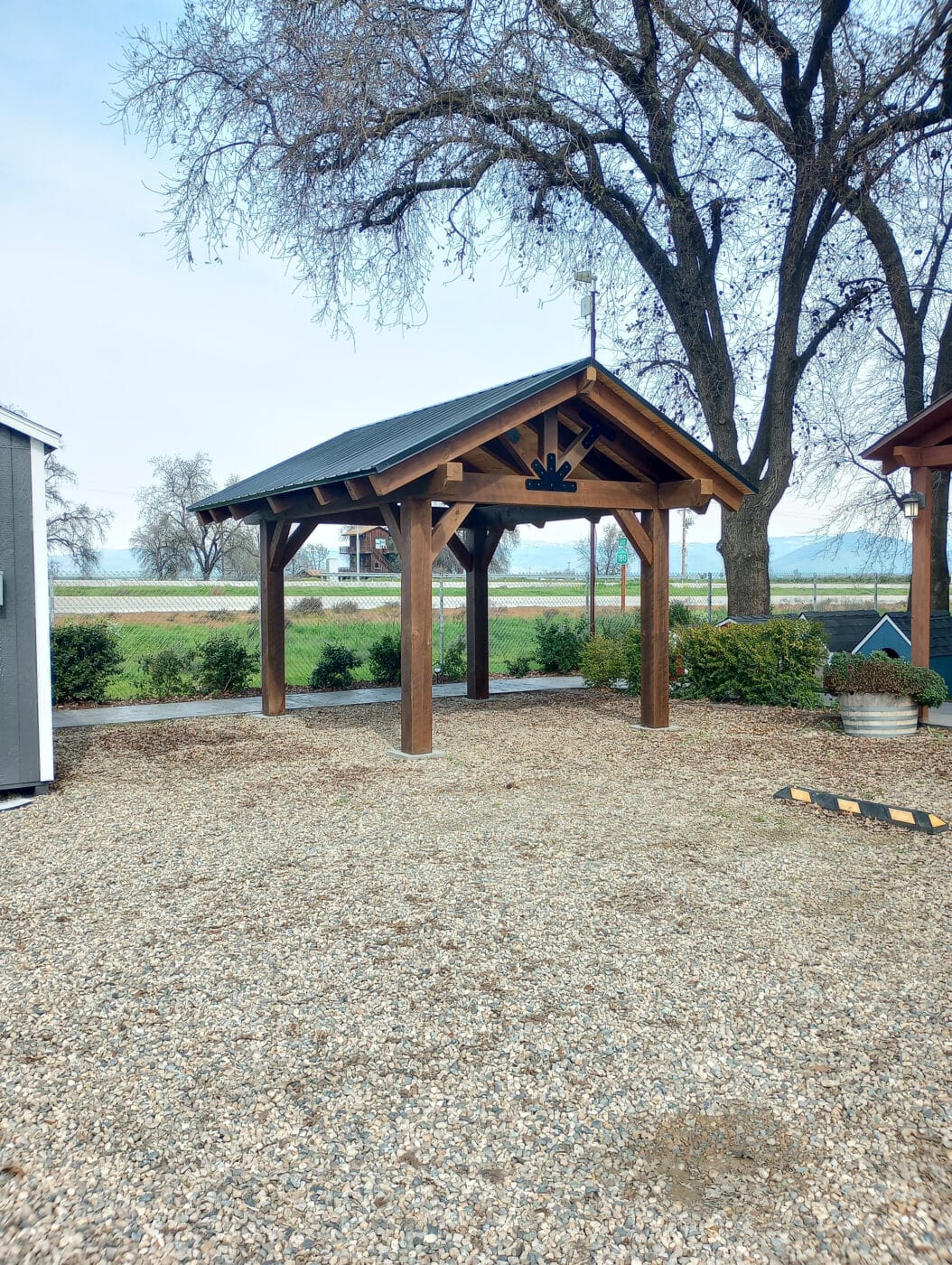 timber frame pavilion in mulch