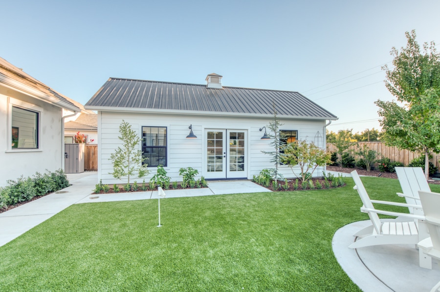 white 16x30 pool house and game room with French double doors