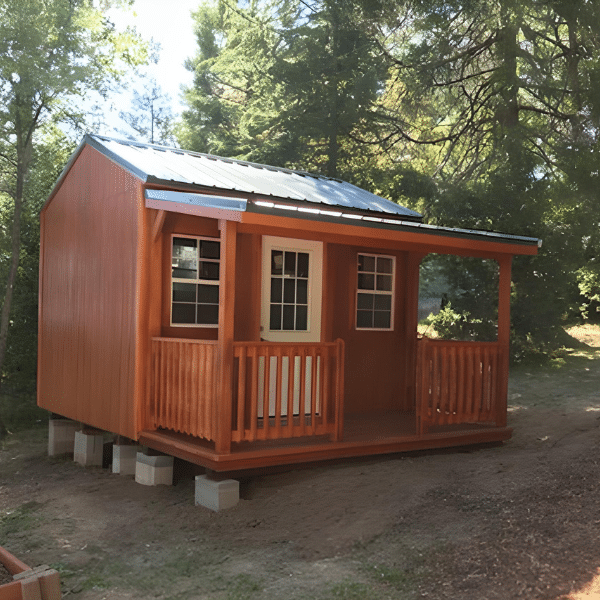 wooden deluxe cottage shed with metal roof and front porch on concrete piers